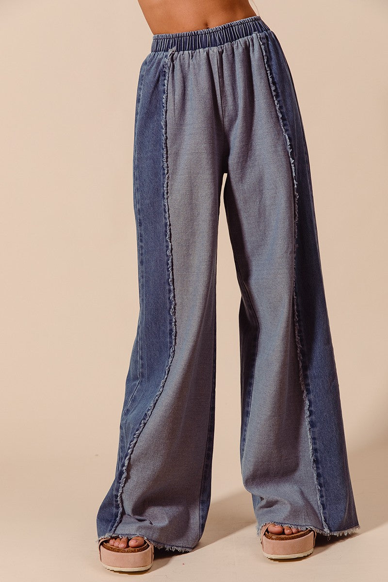 FRONT FRAYED CUT SEAM WIDE LEG WASHED DENIM JEANS