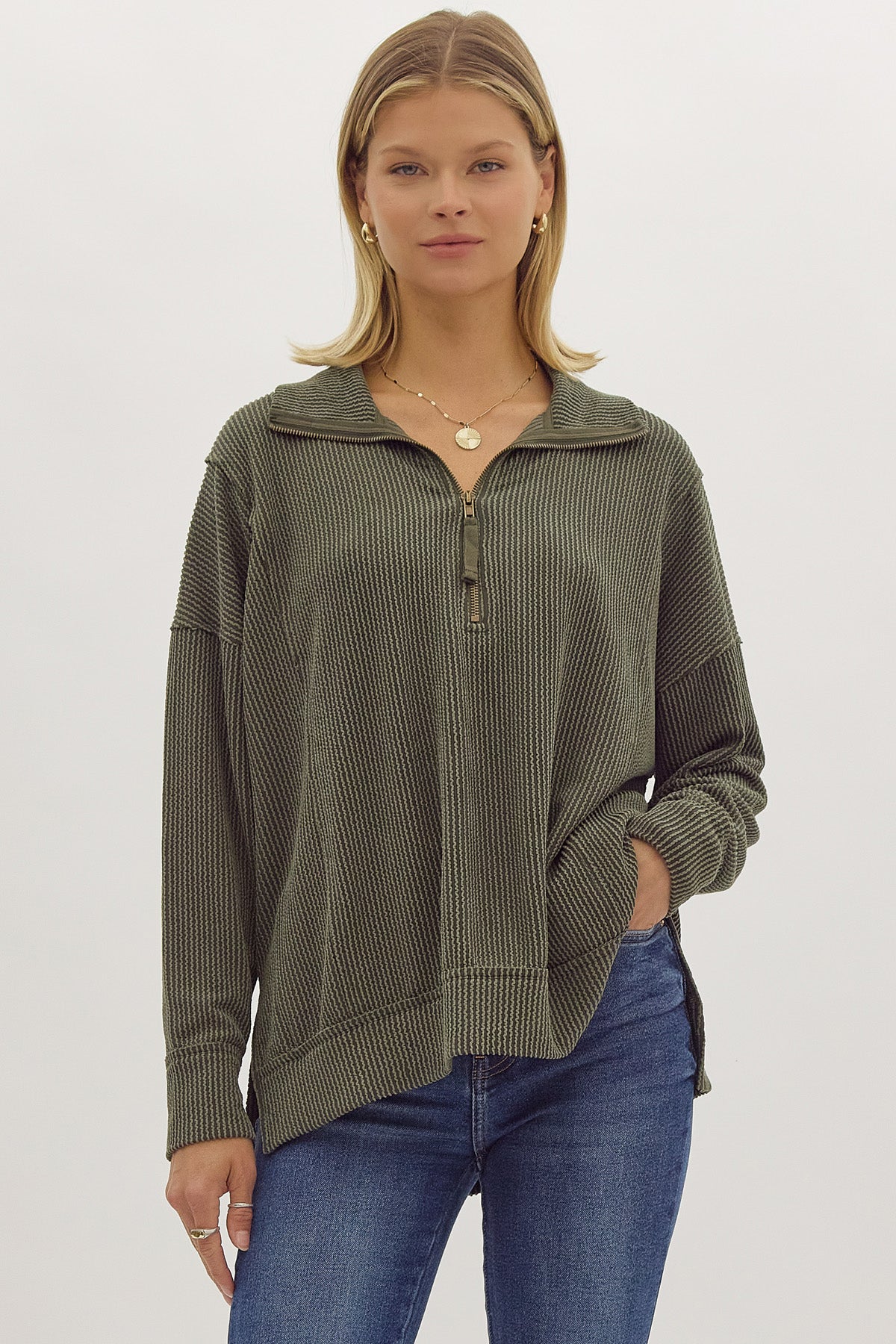 Entro Solid Ribbed Half-Zip Split Hem Top