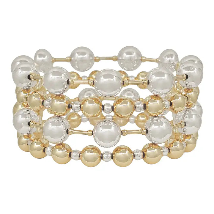 Water Resistant Gold and Silver Beaded 10mm Set of 4 Stretch Bracelets
