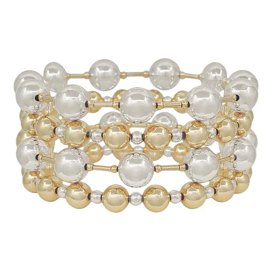 Water Resistant Gold and Silver Beaded 10mm Set of 4 Stretch Bracelets