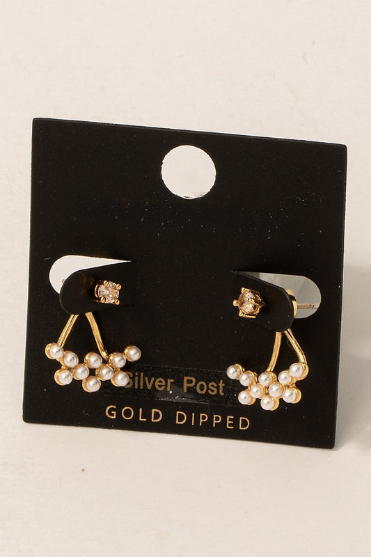 Gold Dipped Pearl Stuid Cluster And Cz Stud Drop Earrings
