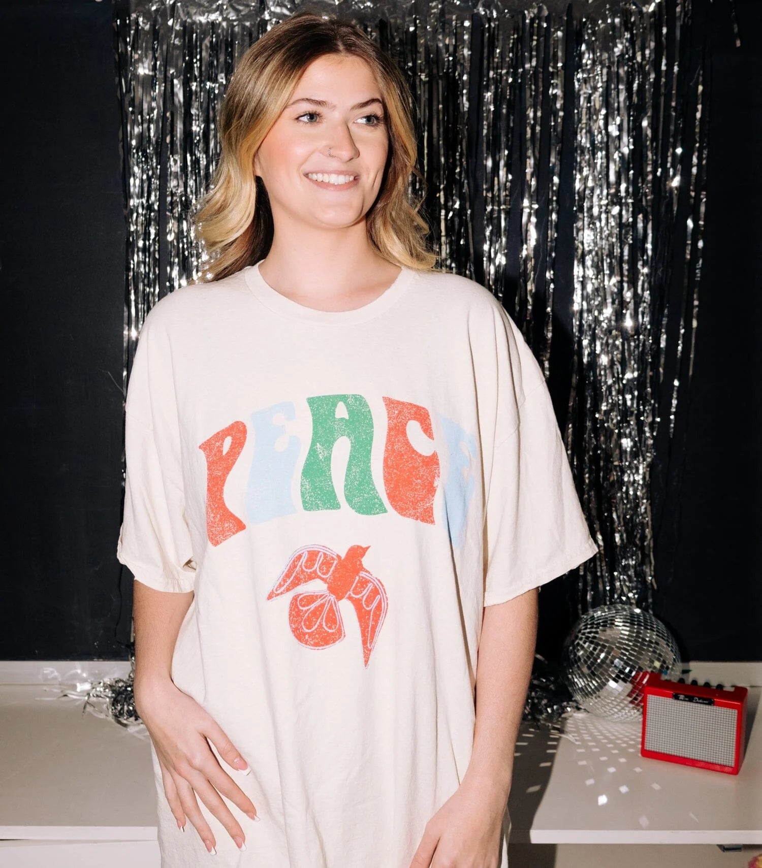 LivyLu Colorful Peace Dove Off White Thrifted Graphic Tee
