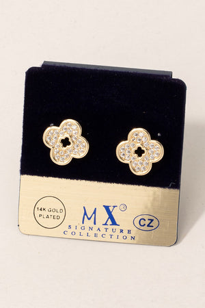 Gold Dipped Cz Pave Cut Out Clover Stud Earrings