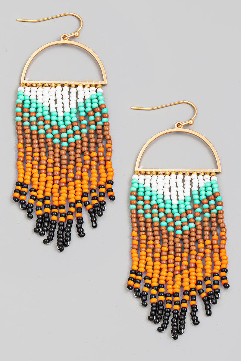 Semi Circle Multi Seed Beaded Fringe Earrings