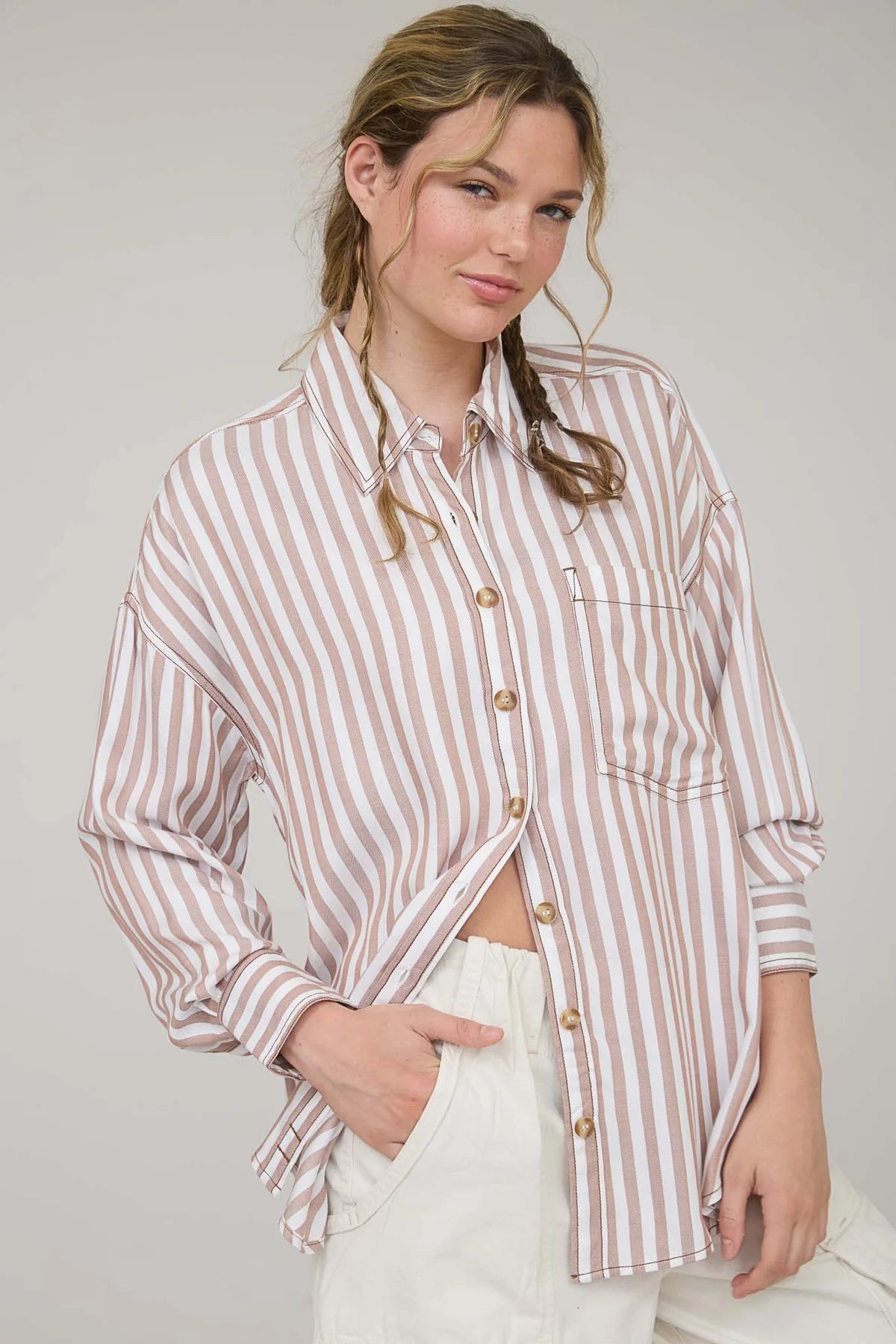 Stripe Collared Button Down Long Sleeve Top