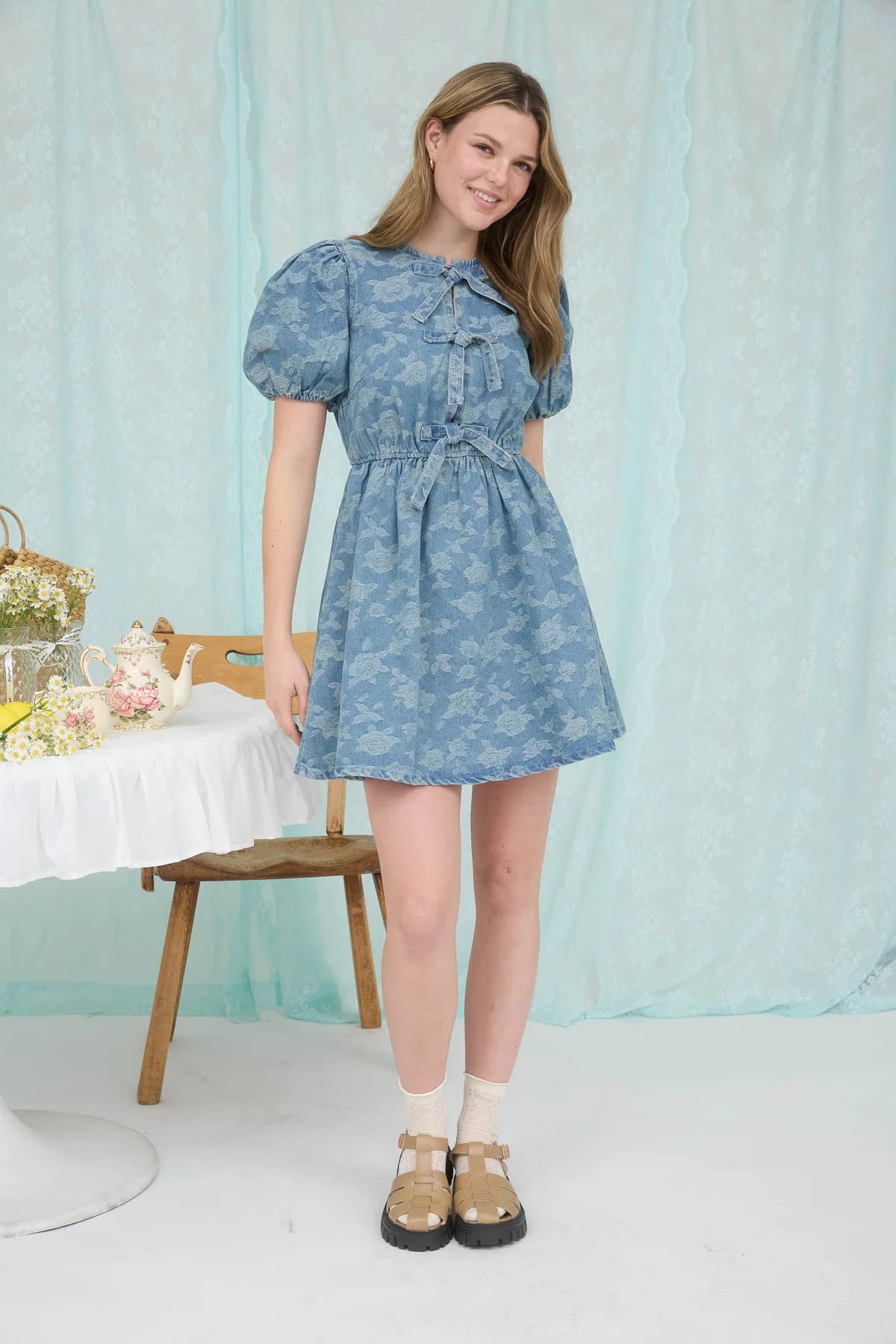 Rose Pattern Front Tie Puff Sleeve Short Dress