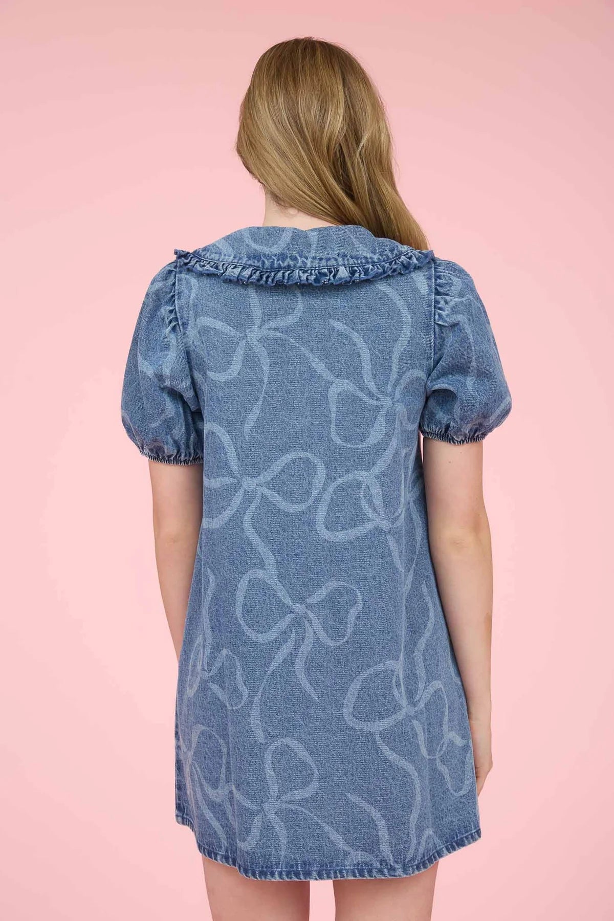 Bow Pattern Button Down Washed Short Dress