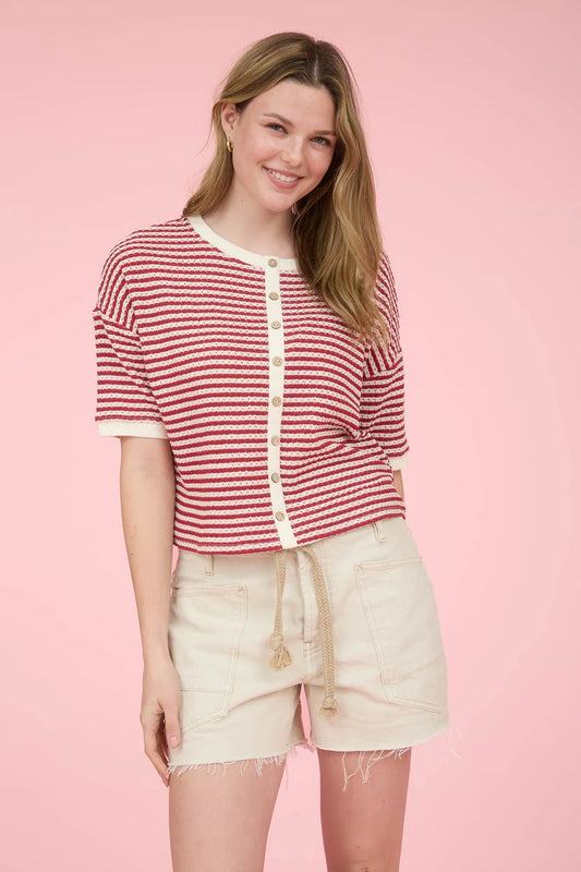 Stripe Button Down Short Sleeve Top