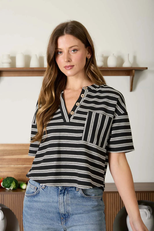 Stripe Short Sleeve Boxy Henley Top