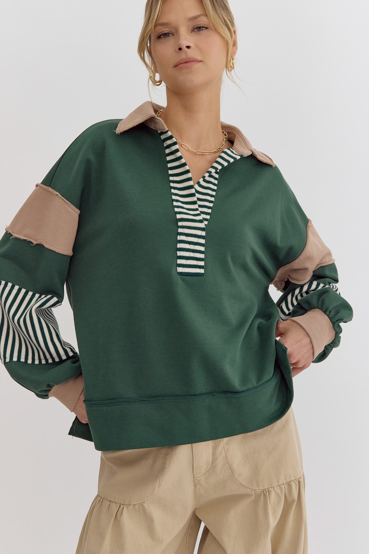 Entro Notched Collar Color Block Sweatshirt Top