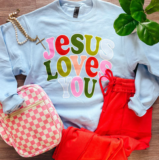 Jesus Loves You Graphic Sweatshirt-Light Blue