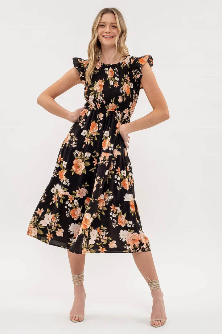 Sophie Smocked Floral Tiered Midi Dress