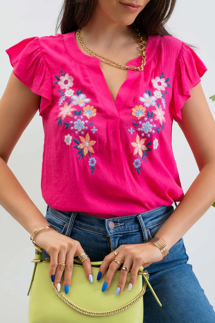 Floral Embroidery Split Neck Top