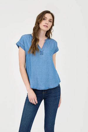 Chambray Split Short Sleeve Top