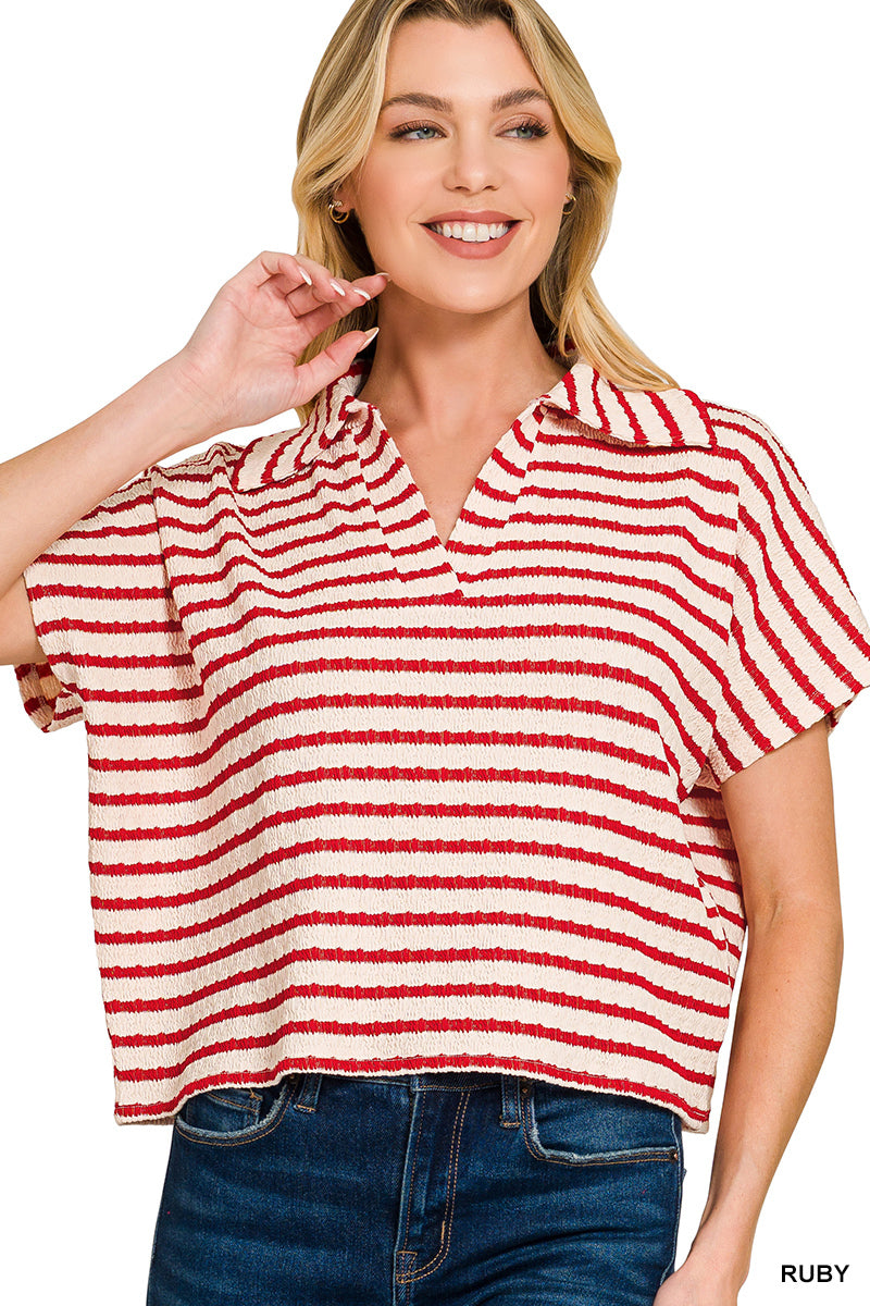 Zenana Striped Split Neck Collared Top