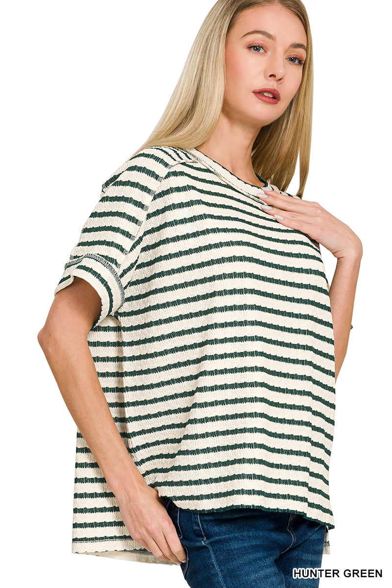 Zenana Striped Short Sleeve Hi-Low Top