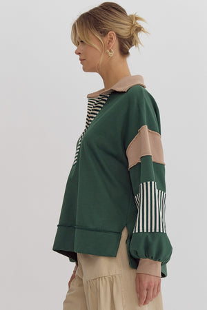 Entro Notched Collar Color Block Sweatshirt Top