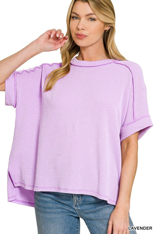 Zenana Corded Rib Cuff Sleeve Raw Edge Top