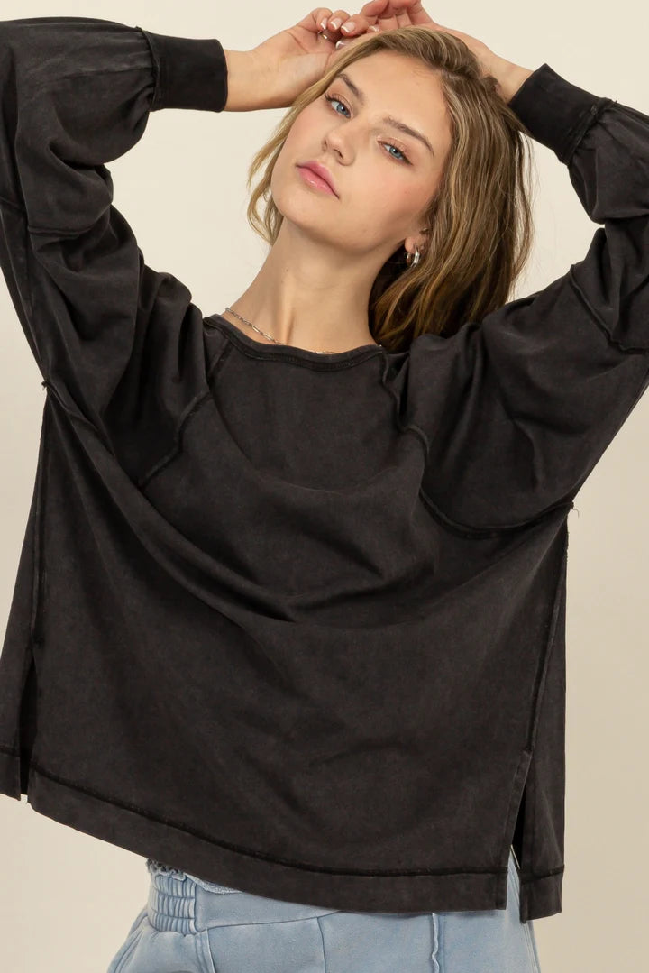 Oversized Side Slit Long Sleeve Top