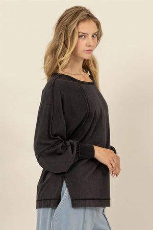 Oversized Side Slit Long Sleeve Top