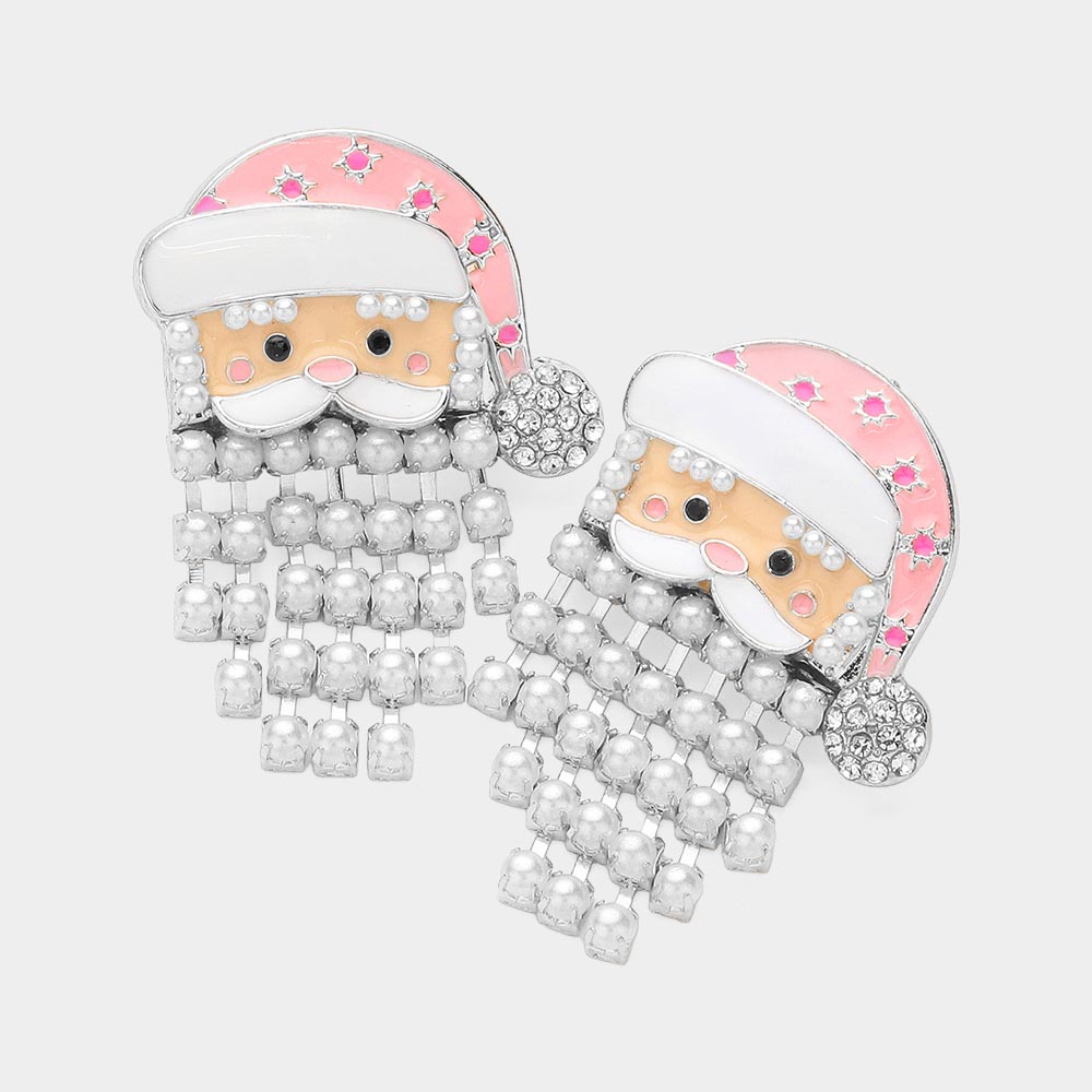 Pearl Fringe Beard Enamel Santa Earrings