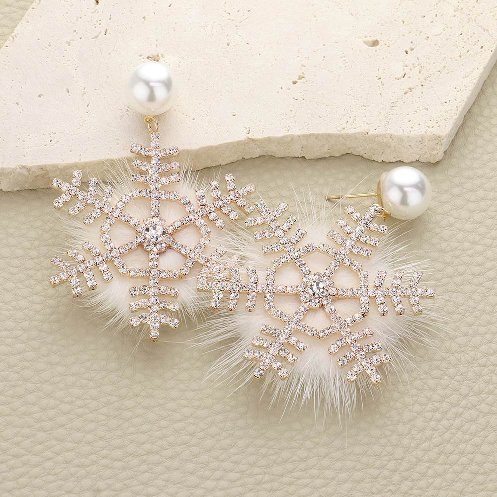 Pearl Pointed Stone Paved Snowflake Pom Pom Dangle Earrings