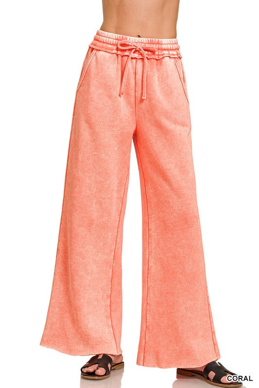 Zenana Full Length Acid Wash Palazzo Sweatpants