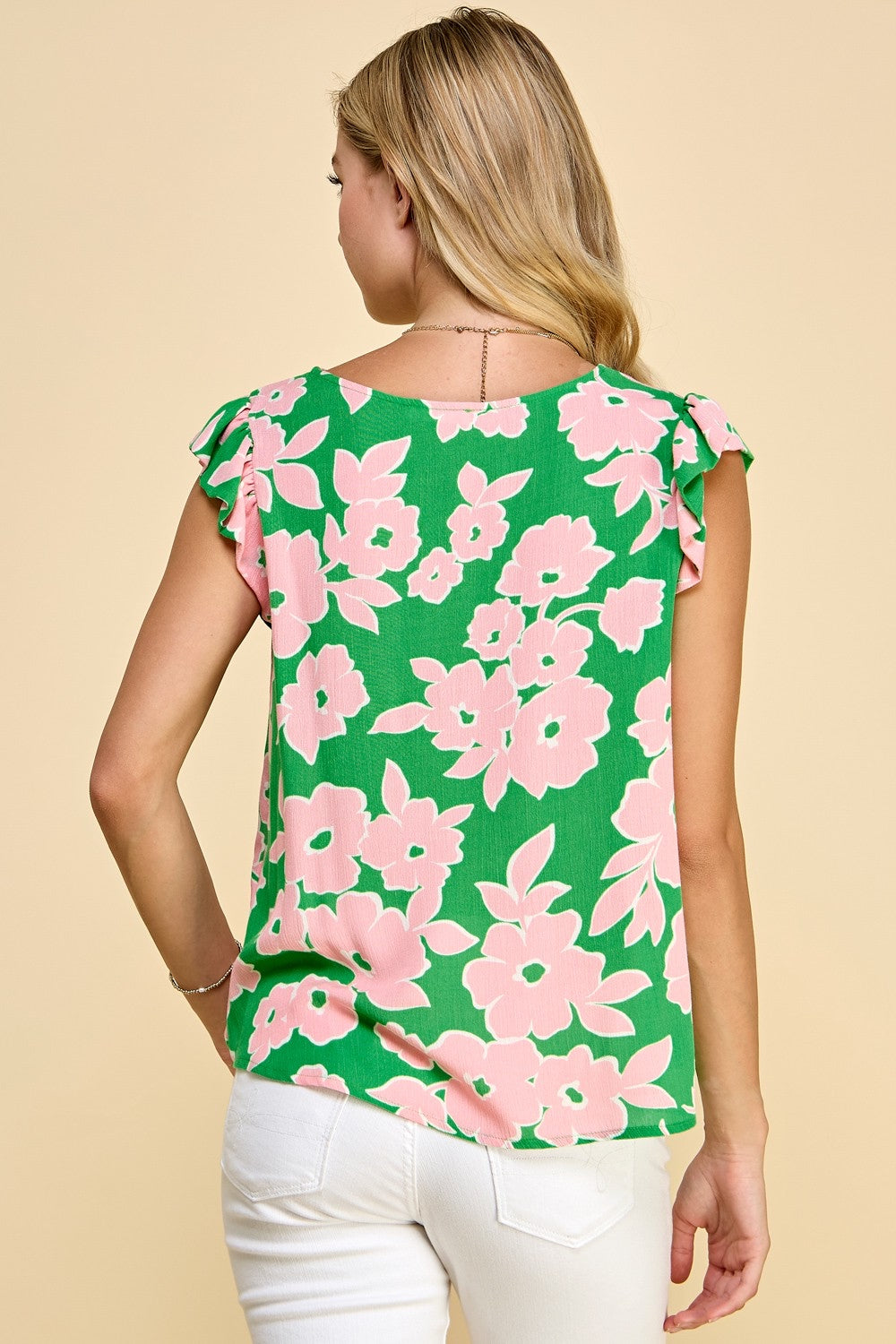 Pink & Green Floral Print Flutter Sleeve Top