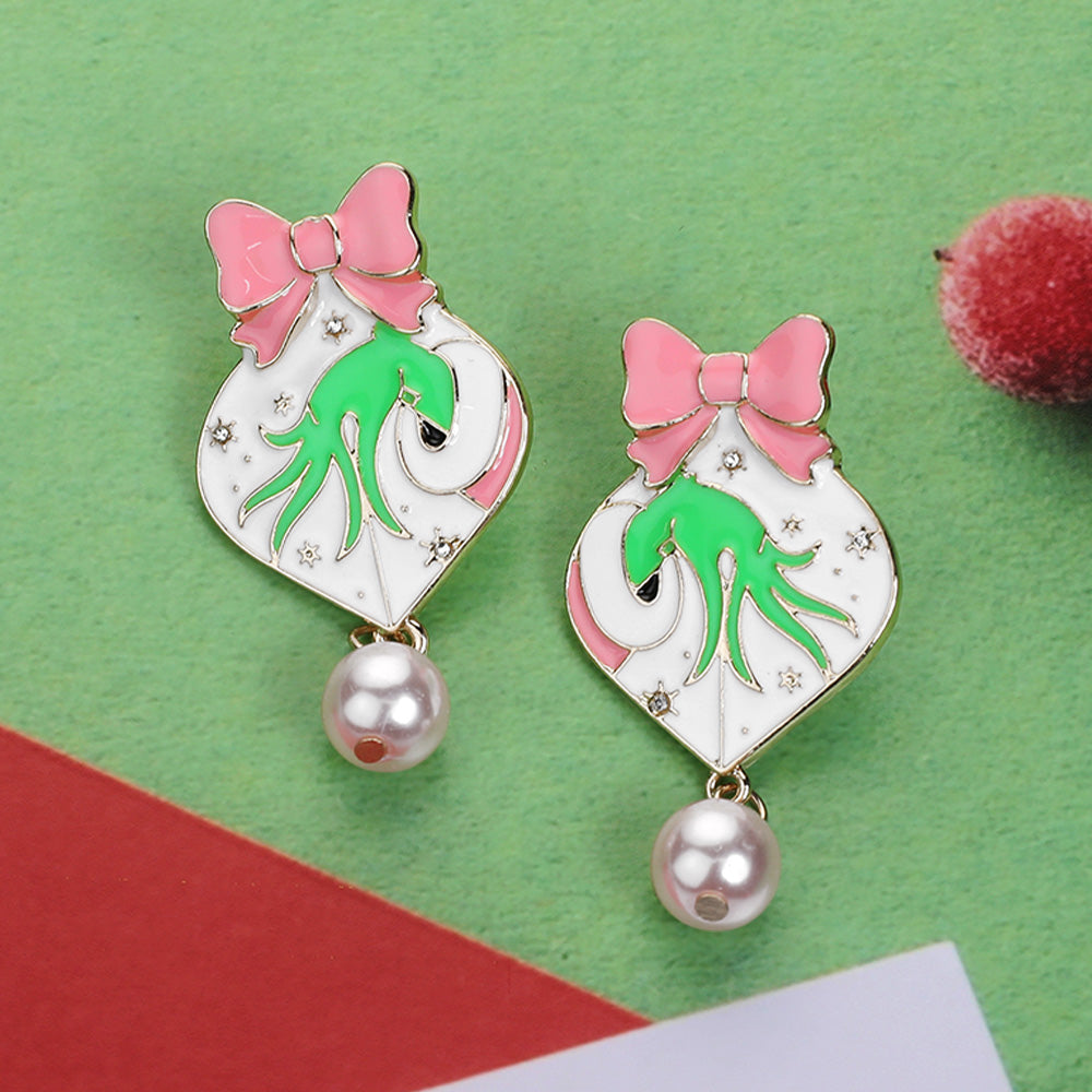 Pearl Dangle Enamel Christmas Grinch Hand Earrings