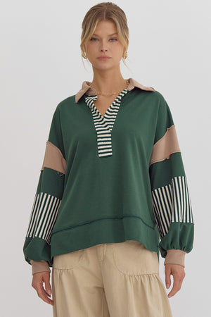 Entro Notched Collar Color Block Sweatshirt Top