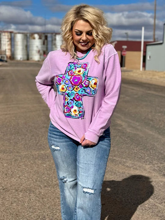 Callie Ann Stelter Purple Cross On Lavender Corded Graphic Sweatshirt