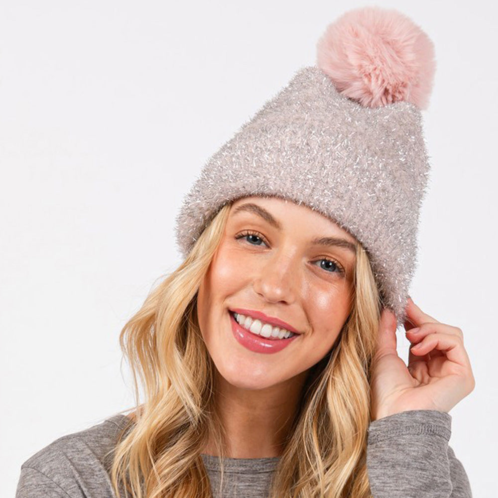 Lurex Mixed Pom Pom Beanie Hat