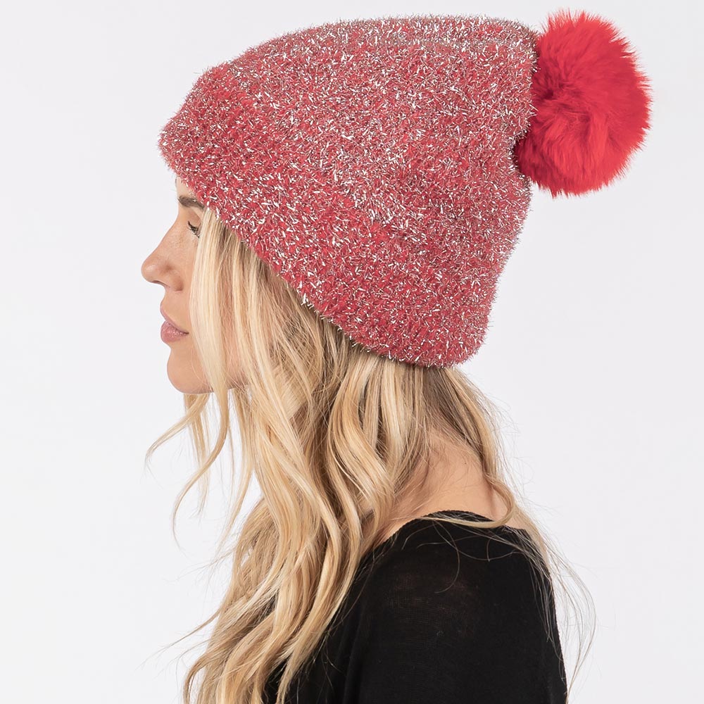 Lurex Mixed Pom Pom Beanie Hat