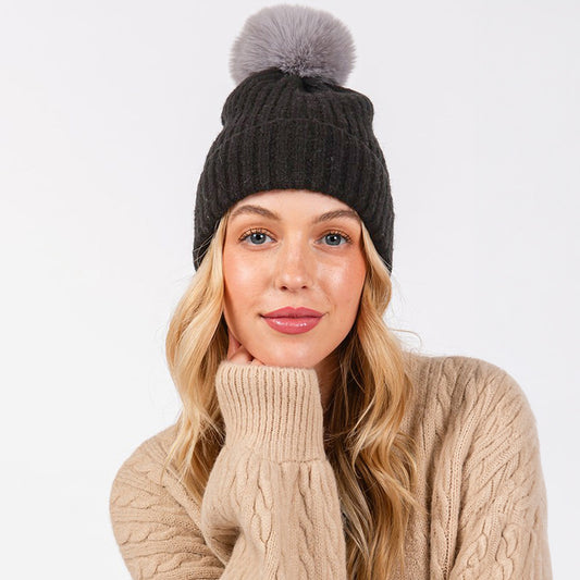 Solid Color Pom Pom Two Tone Beanie