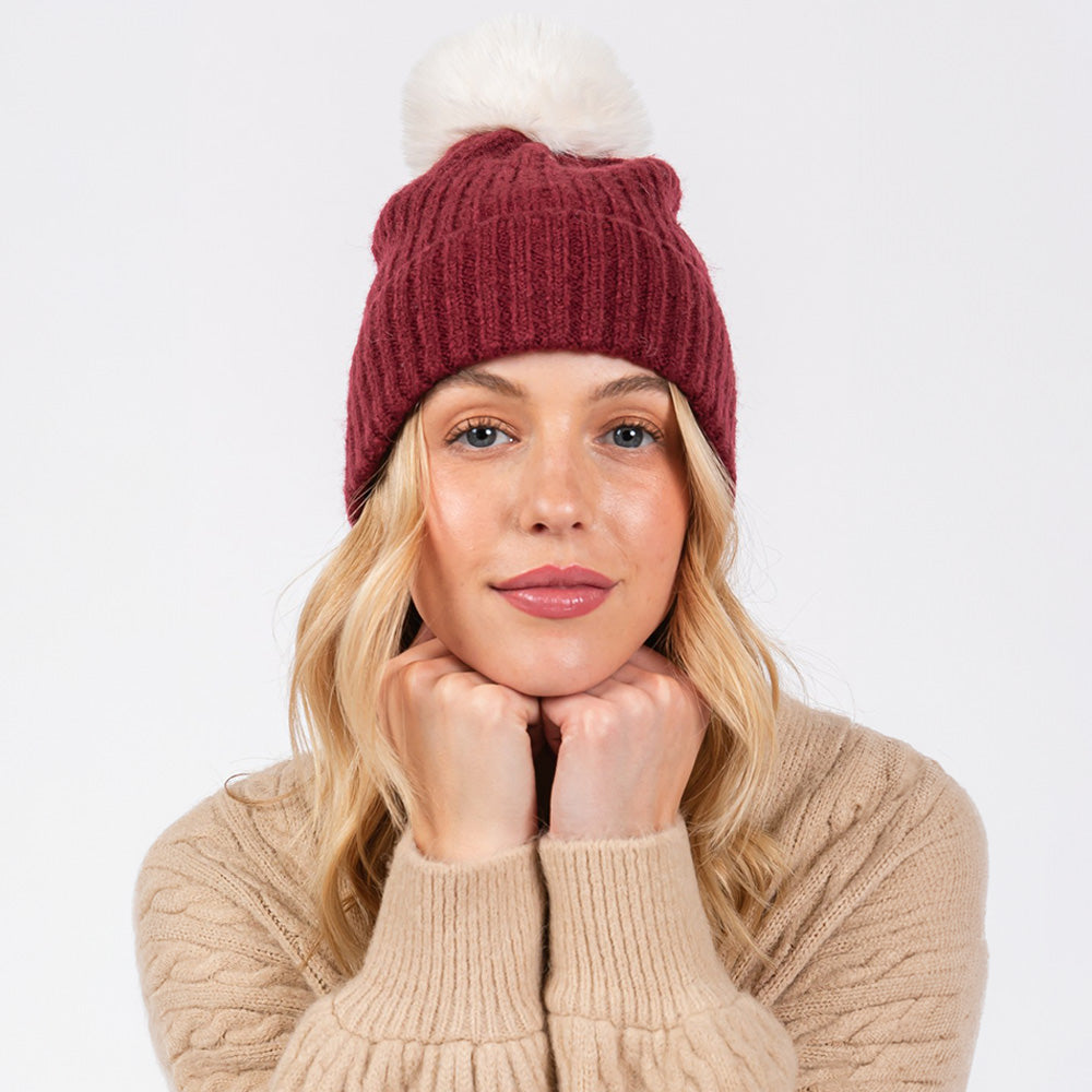 Solid Color Pom Pom Two Tone Beanie