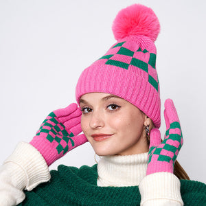 Checkerboard Patterned Pom Pom Beanie Hat