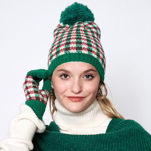Check Patterned Pom Pom Beanie Hat