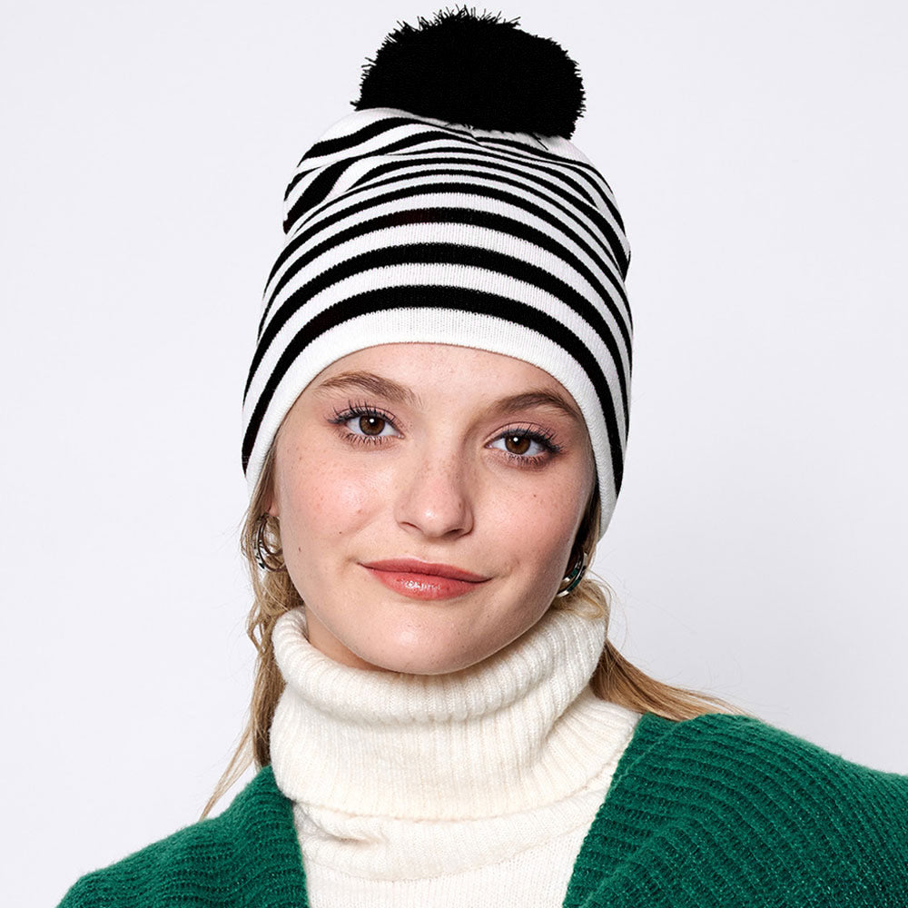 Two Tone Striped Pom Pom Beanie Hat