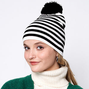 Two Tone Striped Pom Pom Beanie Hat