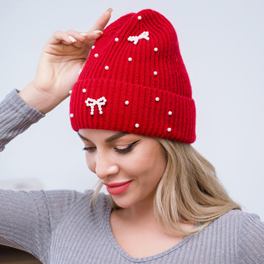 Bow Pearl Embellished Knitted Winter Beanie Hat