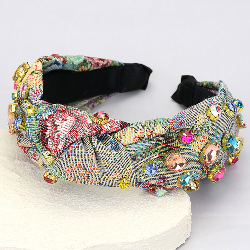 Floral Patterned Stone Cluster Embellished Knot Headband