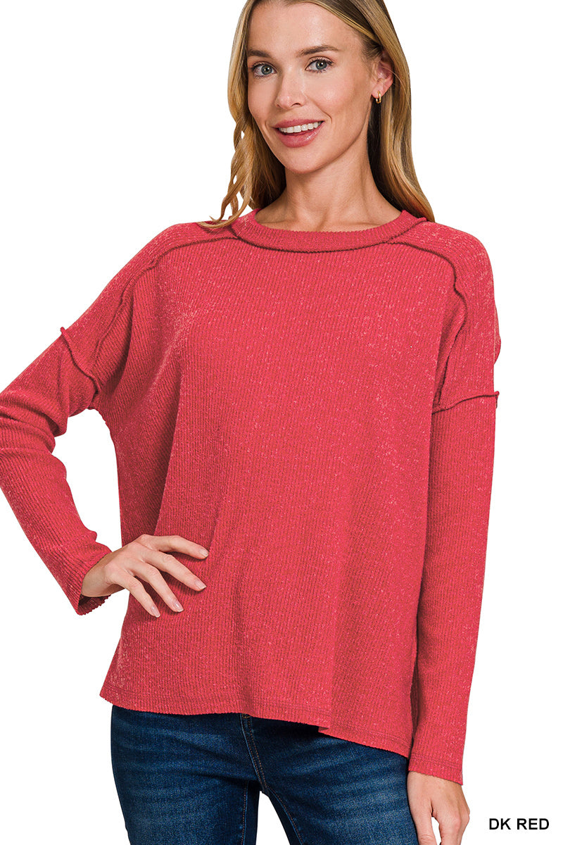 Zenana Brushed Ribbed High Low Raw Edge Top