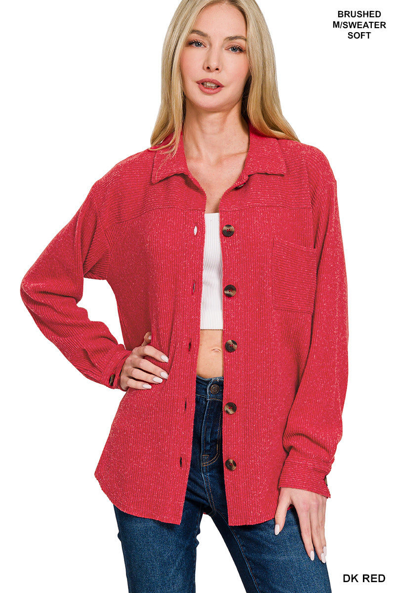 Zenana Brushed Ribbed Collared Button Down Shacket