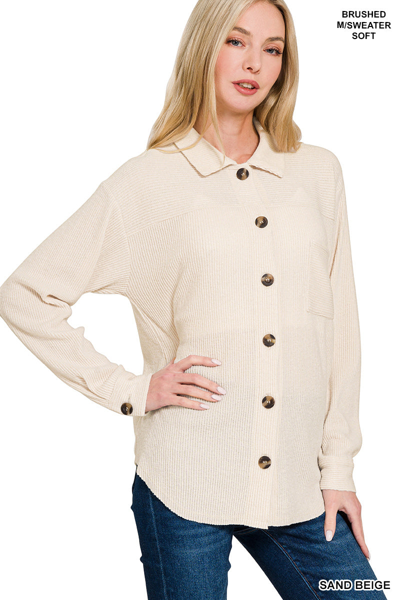 Zenana Brushed Ribbed Collared Button Down Shacket