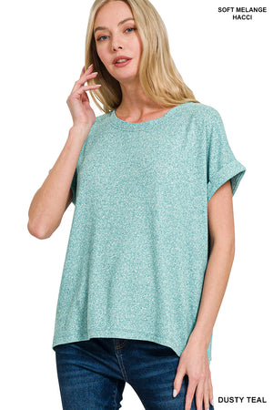 Zenana SOFT MELANGE HACCI SHORT SLEEVE ROUND NECK TOP