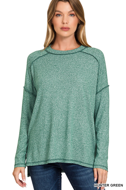 Zenana Melange Hacci Exposed Seam Hi-Low Long Sleeve Top