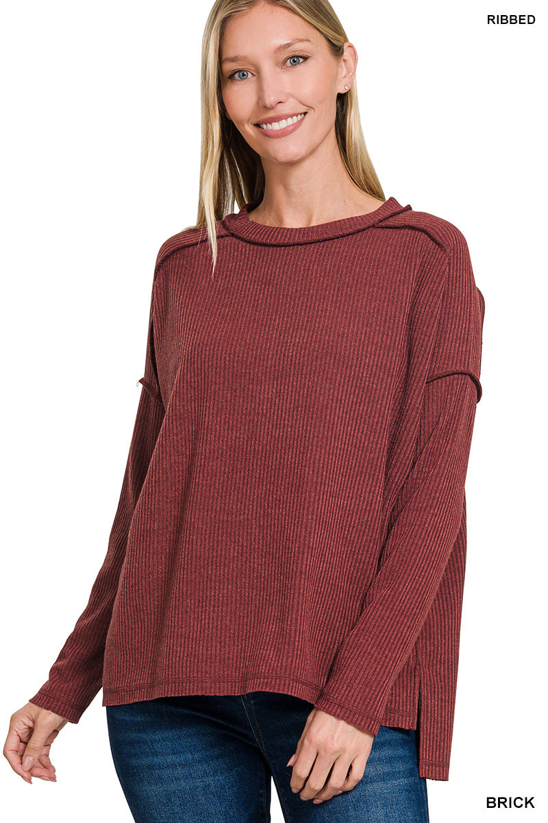 Zenana Ribbed Drop Shoulder Round Neck Top