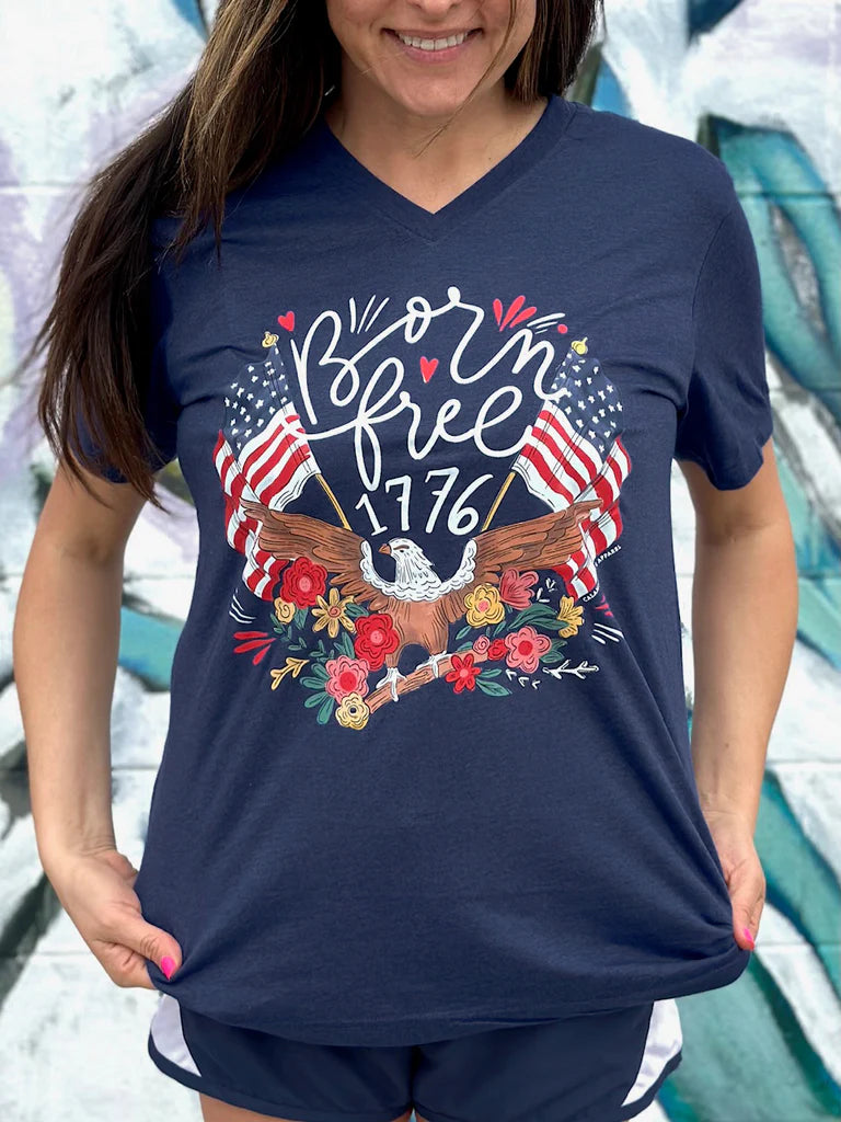 Calamity Jane's Apparel Born Free Floral Eagle & Flags V-Neck Graphic Teep