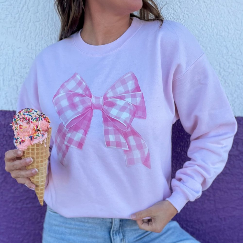 Pink Plaid Bow Graphic Sweatshirt