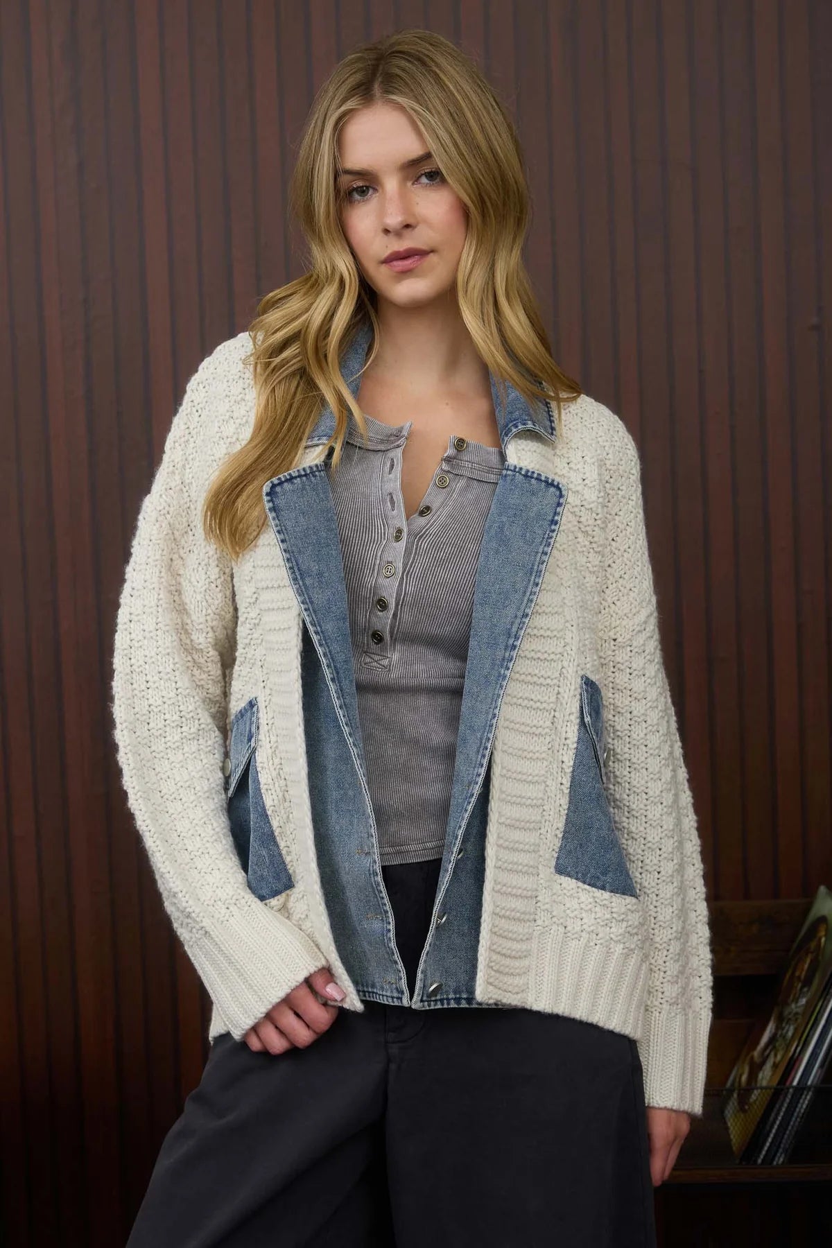 Mixed Media Cable Knit Denim Trim Jacket